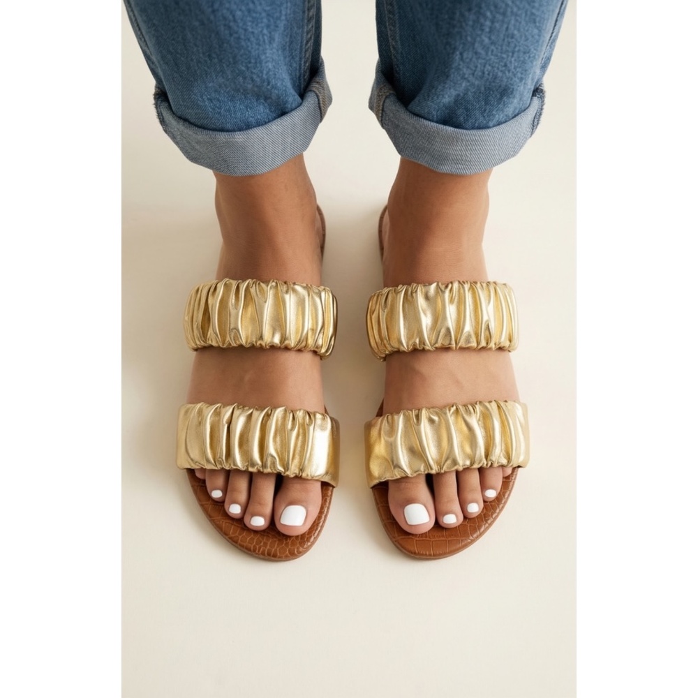 Qupid Gold Ruched Slip On Sandals | Metallic Scrunch Flat Slides - Picture 9 of 9